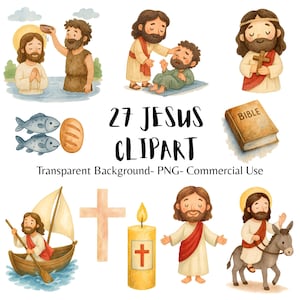 Puede incluir: Una colecci&oacute;n de 27 im&aacute;genes predise&ntilde;adas de Jes&uacute;s en estilo acuarela. Las im&aacute;genes incluyen a Jes&uacute;s, peces, pan, un barco, una cruz, una vela y una Biblia. El texto dice "27 Jesus Clipart".