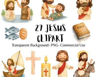 27 Jesus Clipart Bundle, Watercolor, Christian Biblical PNG, Kid Friendly Illustrations, Digital Download