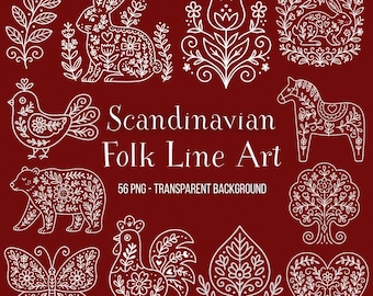 Scandinavian Folk Line Art Clipart Bundle | Nordic Animals & Floral Designs | White Outline PNG on Transparent Background | Commercial Use