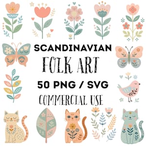 Clipart di arte popolare scandinava in formato SVG e PNG, colori pastello, 50 grafiche minimaliste di metà secolo, uso commerciale, sfondi trasparenti