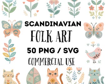 May include: A collection of Scandinavian folk art illustrations featuring flowers, butterflies, birds, and cats in pastel colors. The image includes the text "SCANDINAVIAN FOLK ART 50 PNG / SVG COMMERCIAL USE".