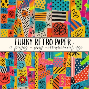 Op de afbeelding: Een levendig digitaal papierpakket met een collage van kleurrijke, gescheurde papierontwerpen. De ontwerpen bevatten stippen, strepen en bloempatronen in heldere tinten. Tekst luidt "FUNKY RETRO PAPER" en "16 pages - png - commercial use."