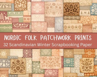 Może przedstawiać: Patchwork papieru w stylu vintage z motywami nordyckiego folkloru. Papier zawiera różne wzory, w tym płatki śniegu, motywy kwiatowe i renifery w odcieniach beżu, różu, zieleni i niebieskiego. Tekst brzmi "Nordic Folk Patchwork Prints" i "32 Scandinavian Winter Scrapbooking Paper."