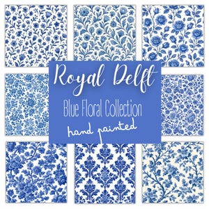 Royal Delft Blue Blumenkollektion - 34 einfarbige Blau-Weiß-Designs | JPG 300 DPI | Sofortiger digitaler Download | Kommerzielle Nutzung