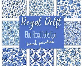Royal Delft Blue Floral Collection – 34 Monochromatic Blue & White Designs | JPG 300 DPI | Instant Digital Download | Commercial Use