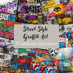 May include: A collection of 25 landscape illustrations featuring vibrant street-style graffiti art. The artwork showcases a variety of colorful tags, abstract designs, and text elements, with a central text overlay that reads "Street-Style Graffiti Art."