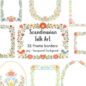May include: A collection of colorful Scandinavian Folk Art frame borders. The borders feature floral and heart designs with birds and the text "Scandinavian Folk Art". The image includes 32 frame borders with a transparent background.
