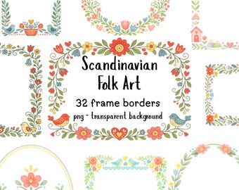 May include: A collection of colorful Scandinavian Folk Art frame borders. The borders feature floral and heart designs with birds and the text "Scandinavian Folk Art". The image includes 32 frame borders with a transparent background.