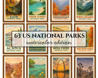 May include: A collection of twelve framed watercolor prints showcasing US National Parks. Each print features a different park, including Zion, Virgin Islands, and Joshua Tree. The text "63 US National Parks watercolor edition" is centered.