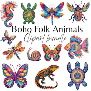 Könnte beinhalten: Eine Sammlung farbenfroher Boho Folk Animals Clipart. Das Bild zeigt ein Seepferdchen, eine Schildkröte, einen Schmetterling, einen Käfer, eine Libelle, eine Schnecke, einen Fisch, eine Eidechse und eine Schildkröte. Der Text "Boho Folk Animals Clipart bundle" wird angezeigt.