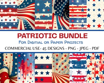 Patriotic Scrapbook Paper, Commercial Use, PNG, 45 Red, White & Blue USA Designs, 4th of July, Memorial Day, America, Paper Crafts