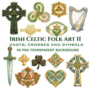 May include: A collection of watercolour illustrations depicting Irish Celtic folk art, including crosses, knots, a harp, and a sword. The text reads "Irish Celtic Folk Art II" and "Knots, Crosses and Symbols". The image has a transparent background.