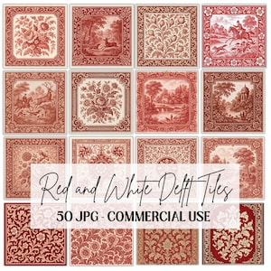Può includere: Una collezione di piastrelle di Delft rosse e bianche con vari motivi, tra cui disegni floreali, paesaggi e scene di caccia. Le piastrelle sono quadrate e presentano un'estetica classica e vintage. Il testo sull'immagine recita "Red and White Delft Tiles" e "50 JPG - COMMERCIAL USE."