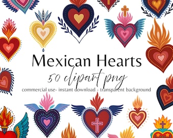 May include: A collection of colorful, stylized heart illustrations with flames, wings, and crosses. The text "Mexican Hearts" and "50 clipart png" are displayed. The image is designed for commercial use and instant download.