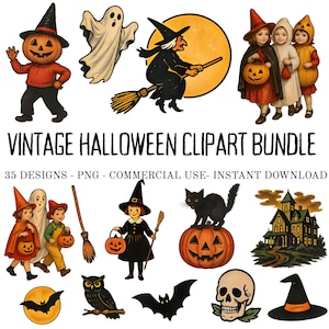 Pacchetto di clipart vintage di Halloween, 35 PNG, sfondo trasparente, uso commerciale, download digitale istantaneo