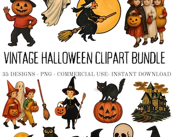 Vintage Halloween Clipart Bundle, 35 PNG, Transparent Background, Commercial Use, Instant Digital Download