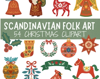 Bundle de cliparts Noël folklorique scandinave – 54 modèles PNG avec fond transparent, usage commercial, téléchargement immédiat, vacances d'hiver