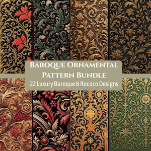 May include: A collection of ornate Baroque and Rococo pattern designs. The patterns feature gold, red, and green floral and scrollwork on dark backgrounds. The text reads "Baroque Ornamental Pattern Bundle" with "22 Luxury Baroque & Rococo Designs" below.