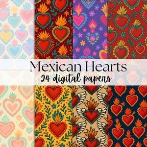 Puede incluir: Una colección de 24 papeles digitales con coloridos diseños de corazones mexicanos. Los patrones incluyen corazones rojos, rosas y azules vibrantes con llamas, alas y acentos florales sobre varios fondos. Se muestra el texto "Mexican Hearts" y "24 digital papers".