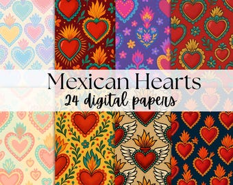 Papel digital del Sagrado Corazón Mexicano / Patrones sin costuras de arte popular (PNG)