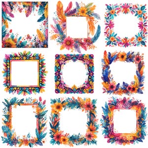 May include: Nine watercolour frames featuring floral and feather designs. Each frame has a white centre, surrounded by vibrant flowers, leaves, and feathers in shades of pink, orange, blue, and yellow. The frames are square and round.