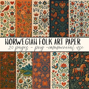 May include: Ten patterned papers with a Norwegian folk art theme. Each design features floral and bird motifs in red, orange, blue, and green on various backgrounds. The text "NORWEGIAN FOLK ART PAPER" is displayed.
