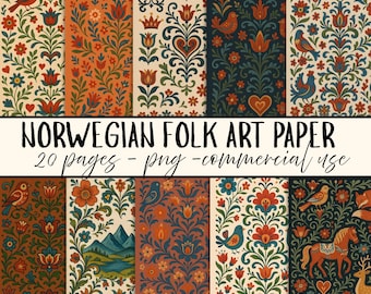 Norwegian Folk Art Digital Paper Bundle, Rosemaling, Instant Download, Scandinavian Folkart, Crafting Paper, Scrapbooking, Commercial Use