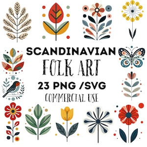 Clipart di arte popolare scandinava in formato SVG e PNG, 23 grafiche minimaliste di metà secolo, uso commerciale, sfondi trasparenti