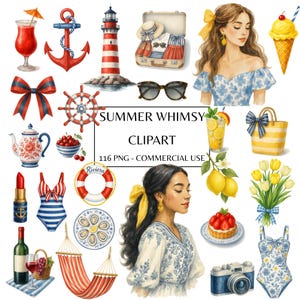 Pacchetto Clipart Summer Whimsy / 116 PNG / Estetica nautica e da spiaggia ad acquerello / Uso commerciale / Costa Azzurra / Costiera
