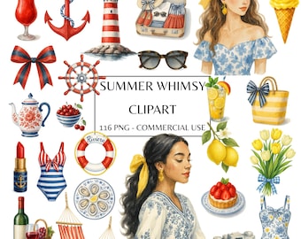 Summer Whimsy Clipart Bundle | 116 PNGs | Watercolor Beach & Nautical Aesthetic | Commercial Use | French Riviera |  Coastal