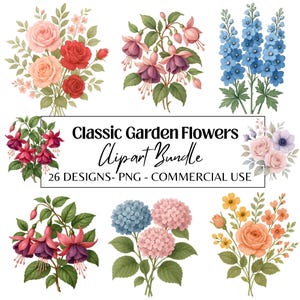 Pacchetto di clipart di fiori da giardino classici / Acquerello - Ortensia, Rose, Fucsie e Delphinium / 26 disegni PNG / Uso commerciale / Senza tempo