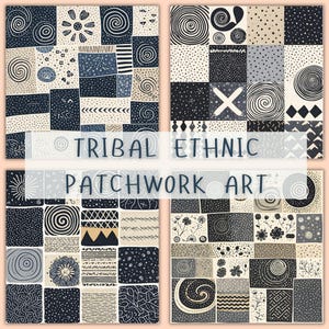 Könnte beinhalten: Vier Tafeln mit Stammes-Ethno-Patchwork-Kunst. Jede Tafel zeigt ein Raster aus Quadraten mit verschiedenen Mustern, darunter Spiralen, Punkte und geometrische Formen. Die Farbpalette umfasst Schwarz, Creme und Marineblau.