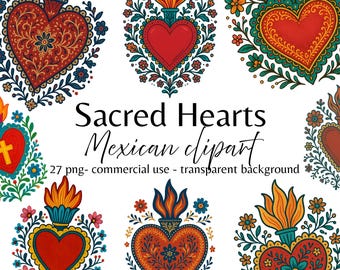 May include: A collection of colorful, ornate Sacred Heart designs. Each heart features intricate patterns, flames, and floral accents in shades of red, orange, blue, and green. The text "Sacred Hearts Mexican clipart" is also visible.
