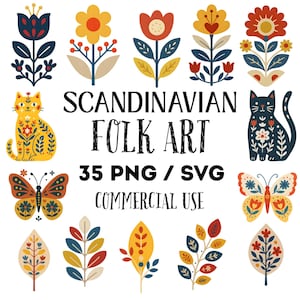 Arte popular escandinavo (SVG PNG), 35 gráficos minimalistas modernos de mediados de siglo, uso comercial, fondos transparentes