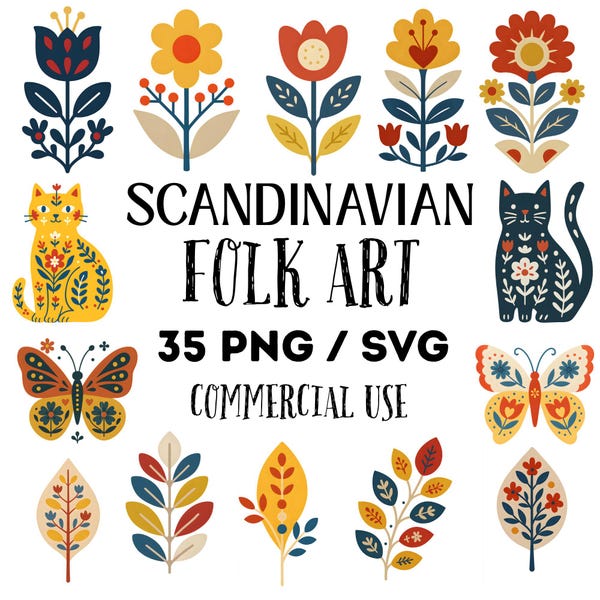Scandinavian Folk Art Clipart  PNG, 35 Mid Century Modern Minimalist Graphics, Commercial Use, Transparent Backgrounds
