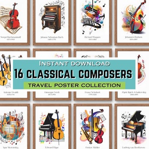 16 classical composers posters, commercial use, printable, wall art, modern, muscial instruments, classroom prints, orchestra, decor, music