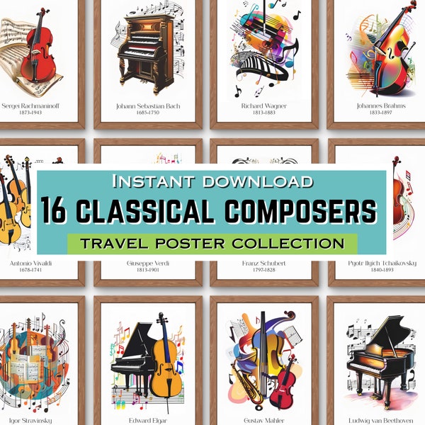 16 classical composers posters, printable, wall art, modern, muscial instruments, names, classroom prints, orchestra room, decor, music