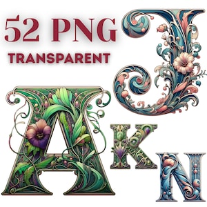 アールヌーボーPNGアルファベット（商用利用可）、52個の透明文字、青・ピンク・緑・紫、デジタルダウンロード、ヴィンテージ装飾フォントクリップアート