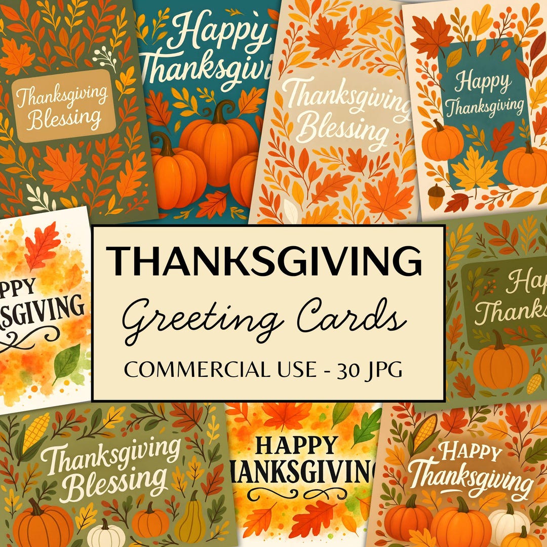 30 Thanksgiving Greeting Cards, Printable Autumn Fall Greeting Card ...