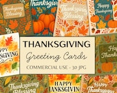 30 Thanksgiving Greeting Cards,  Printable Autumn Fall Greeting Card, Digital Download Card, Pumpkin and Floral Card