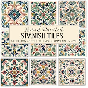 May include: Nine hand-painted Spanish tiles with intricate floral and scroll designs in shades of blue, green, red, and yellow on a cream background. The text on the image reads "Hand Painted Spanish Tiles".