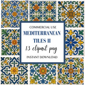 Pode incluir: Uma coleção de nove azulejos quadrados com um desenho floral em azul, amarelo, verde e laranja. Os azulejos estão dispostos em um padrão de grade. O texto na imagem diz "COMMERCIAL USE MEDITERRANEAN TILES II 13 clipart png INSTANT DOWNLOAD."