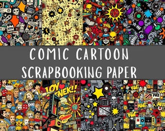 Puede incluir: Una colección de papeles de scrapbook con temática de cómic con varios diseños coloridos. Los papeles presentan personajes de dibujos animados, calaveras, estrellas y paisajes urbanos. El texto "COMIC CARTOON SCRAPBOOKING PAPER" se muestra.