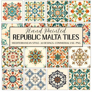 Pode incluir: Uma coleção de azulejos Republic Malta pintados à mão, em estilo mediterrânico. Os azulejos apresentam intrincados desenhos florais e geométricos em tons de laranja, verde-azulado, azul e castanho sobre um fundo creme. O texto na imagem diz "Hand Painted Republic Malta Tiles".