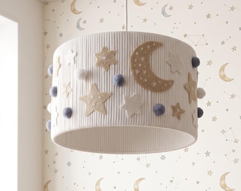 Night Sky Nursery Ceiling Lamp | Moon & Stars | Handmade Boho Kids Room Light