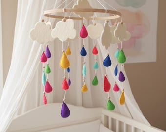 Handmade Rain Cloud Baby Mobile | Felt Nursery Decor with Colorful Raindrops for baby room