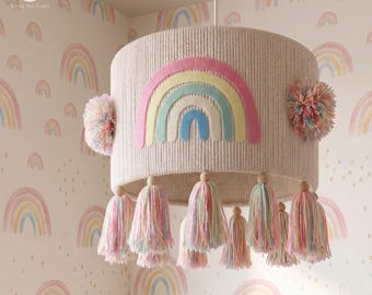 Handmade Rainbow Ceiling Lamp with Tassels – Pastel Nursery Ceiling Light, Rainbow Lampshade, Baby Girl Room Decor