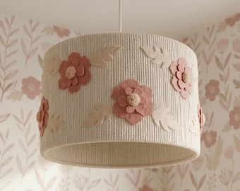 Handmade Floral Lampshade, Boho Nursery Ceiling Light, Felt Flowers, Neutral Baby Room Decor