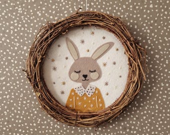 Felt Bunny Wreath, Handmade Boho Nursery Wall Decor