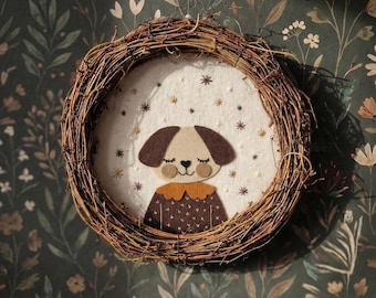 Handmade Felt Dog Wreath, Boho Nursery Wall Decor